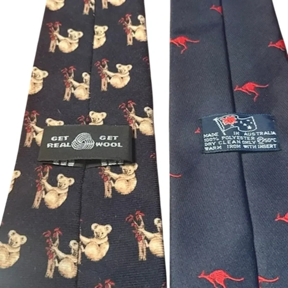 Two Australian themed ties koala kangaroo navy blue red brown animal necktie